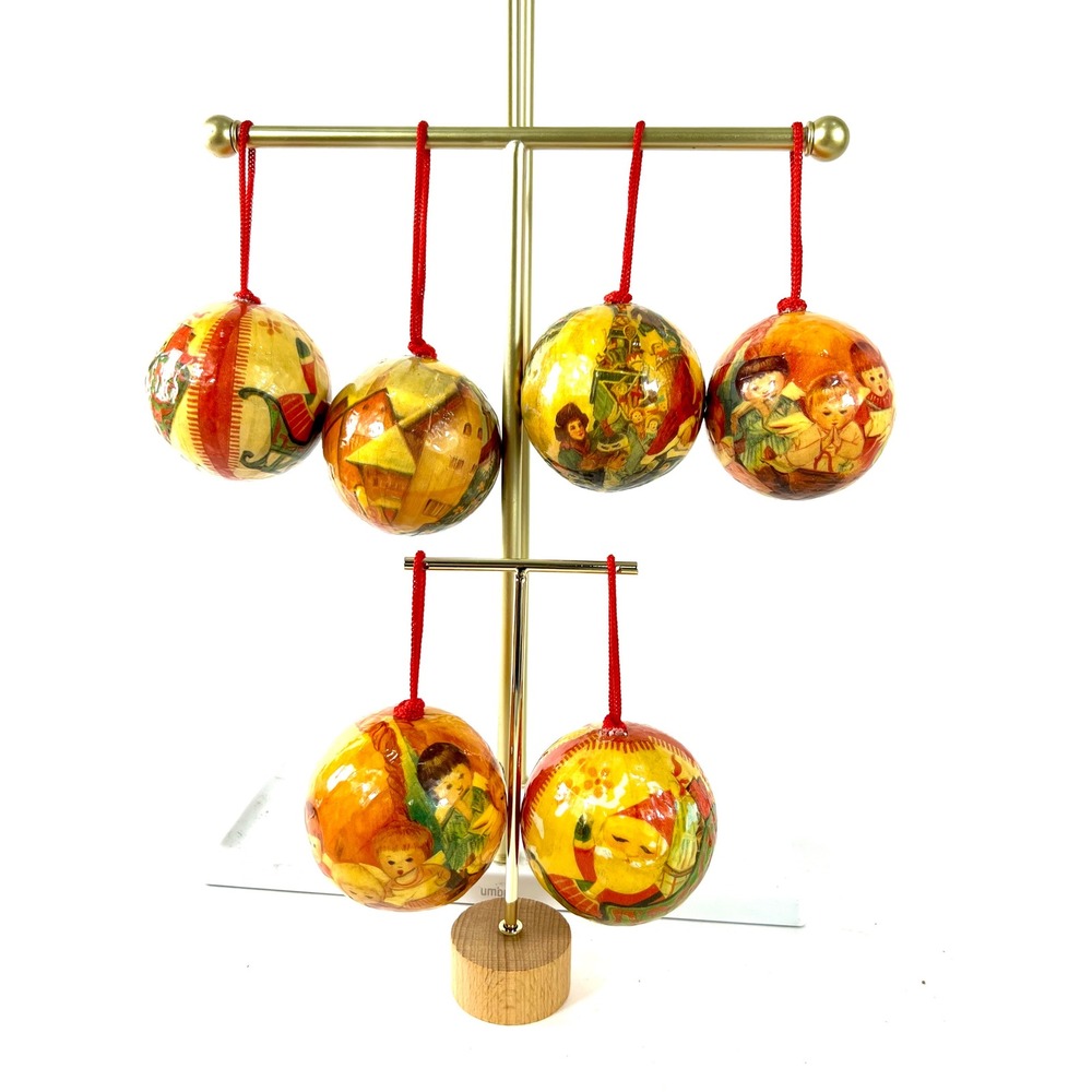 Decoupage Christmas Ornaments Set of 6 Santa Carolers Village Gold Red